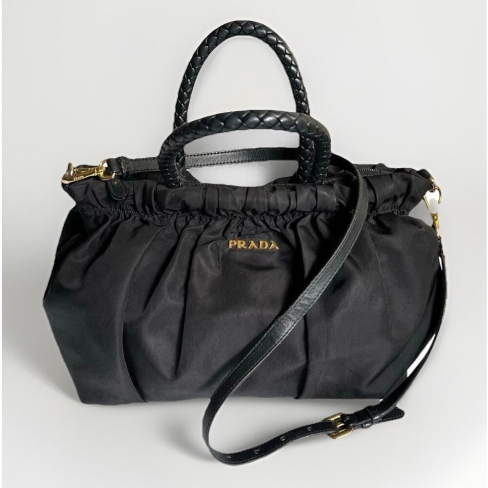 PRADA Authentic Tessuto Gaufre Ruched Nylon Satchel Handbag Black Gold Crossbody